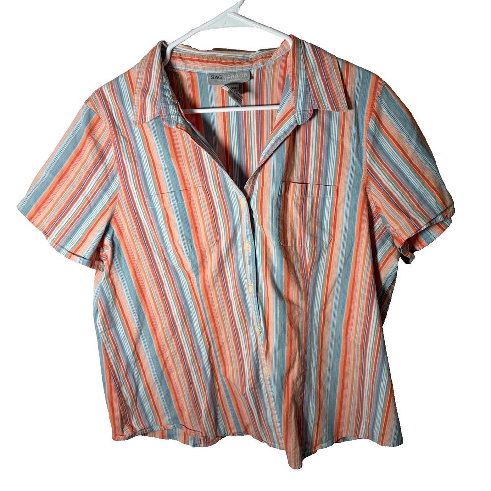 Sag Harbor Shirt Women's 1X Striped Button Up Short Sleeve Collared Top